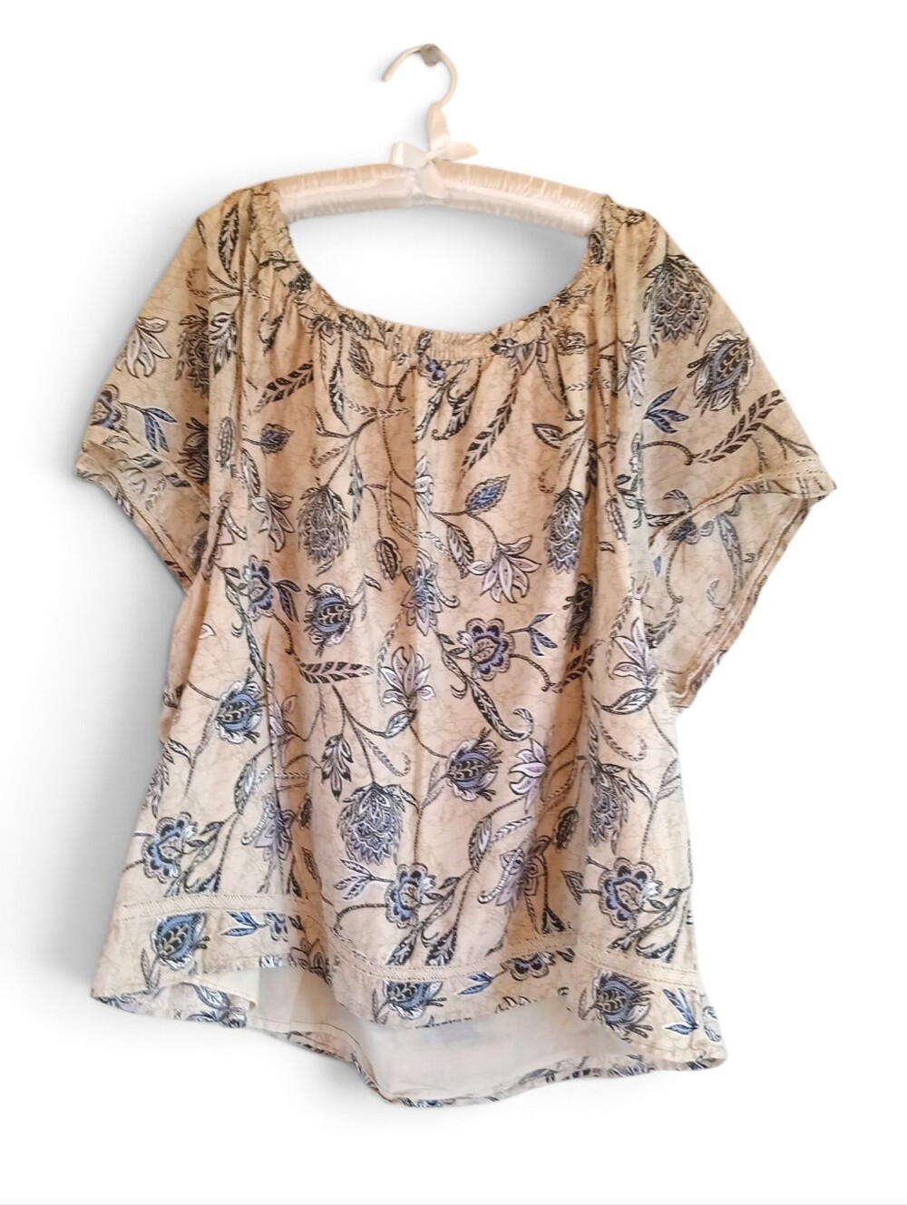 Angels Cream Floral Off-Shoulder Blouse with Blue Floral Print Flowy Boho Hippie